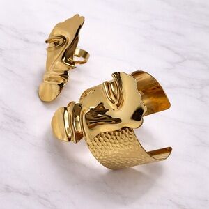 Bohemian Handmade Gold Sculptural Face Bracelet & Ring Set | Statement Jewelry